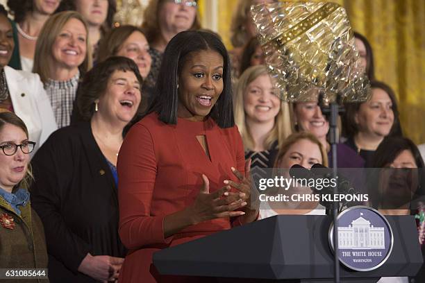 Michelle Obama gives her final remarks as US First Lady at the 2017 School Counselor of the Year event at the White House in Washington DC, January...