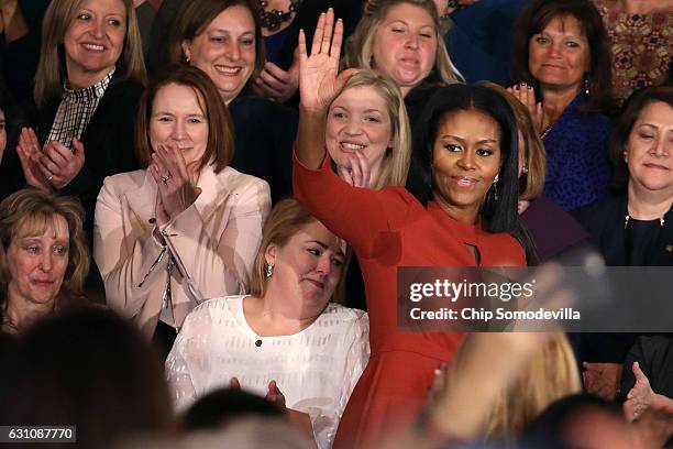 First lady Michelle Obama waves goodbye after delivering remarks honoring the 2017 School Counselor of the Year and counselors from across the...