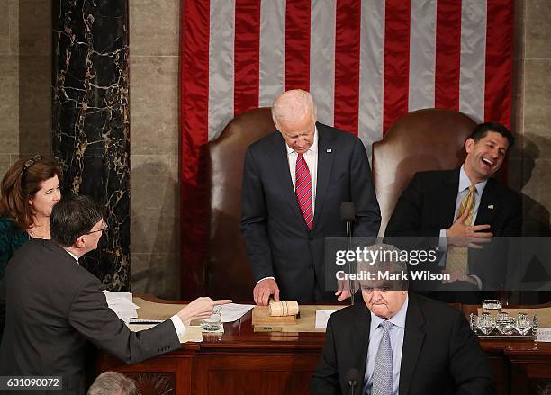 House Speaker Paul Ryan , reacts to U.S. Vice President Joseph Biden , saying the election is over during an objection on the counting of the...