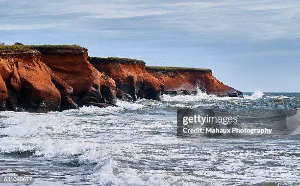 seacow bay and rad sandstone cliffs - islas de la magdalena fotografías e imágenes de stock