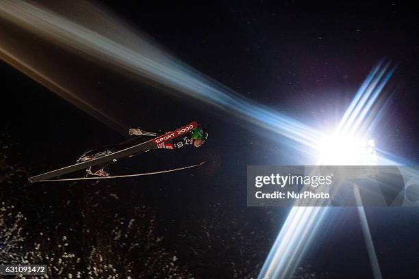 Jurij Tepes of Slovenia soars through the air during his first competition jump on Day 2 on January 6, 2017 in Bischofshofen, Austria.