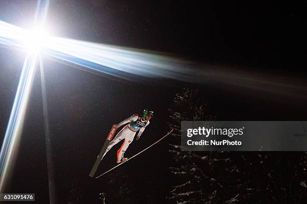 Anze Semenic of Slovenia soars through the air during his first competition jump on Day 2 on January 6, 2017 in Bischofshofen, Austria.