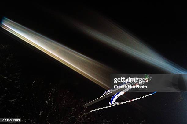 Peter Prevc of Slovenia soars through the air during his first competition jump on Day 2 on January 6, 2017 in Bischofshofen, Austria.