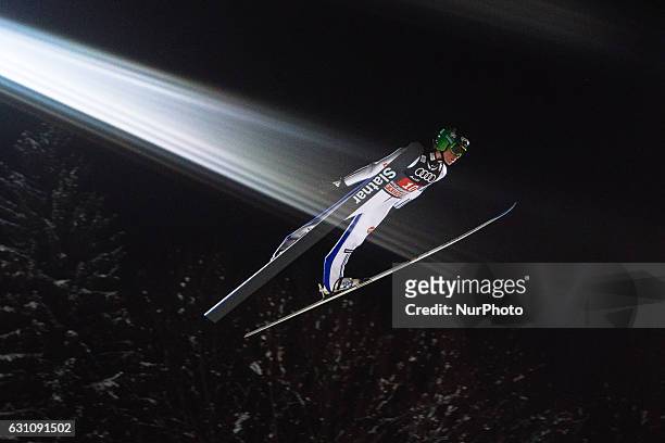 Peter Prevc of Slovenia soars through the air during his first competition jump on Day 2 on January 6, 2017 in Bischofshofen, Austria.