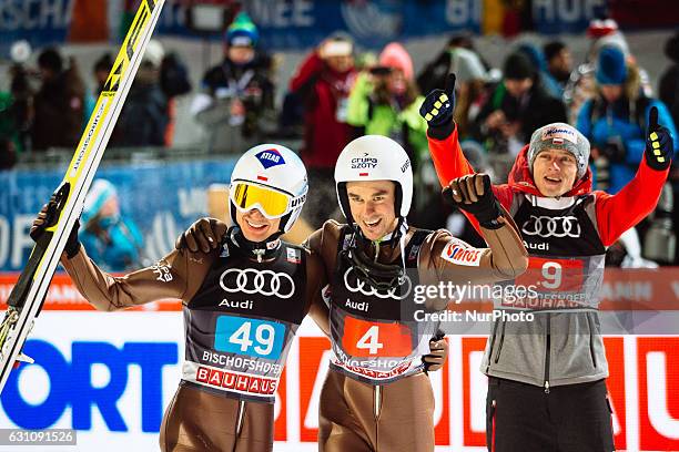 Kamil Stoch of Poland celebrates victory after the final round on Day 2 of the 65th Four Hills Tournament ski jumping event at...