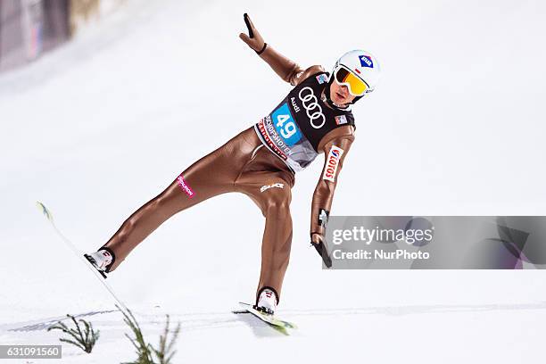 Kamil Stoch of Poland soars through the air during his first competition jump on Day 2 on January 6, 2017 in Bischofshofen, Austria.