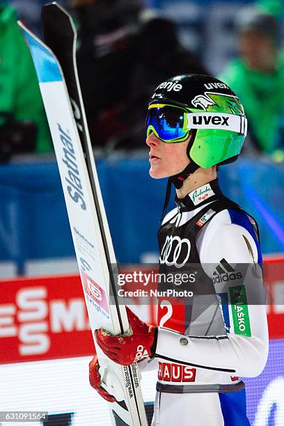 Domen Prevc of Slovenia soars through the air during his first competition jump on Day 2 on January 6, 2017 in Bischofshofen, Austria.