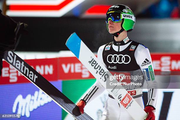 Domen Prevc of Slovenia soars through the air during his first competition jump on Day 2 on January 6, 2017 in Bischofshofen, Austria.