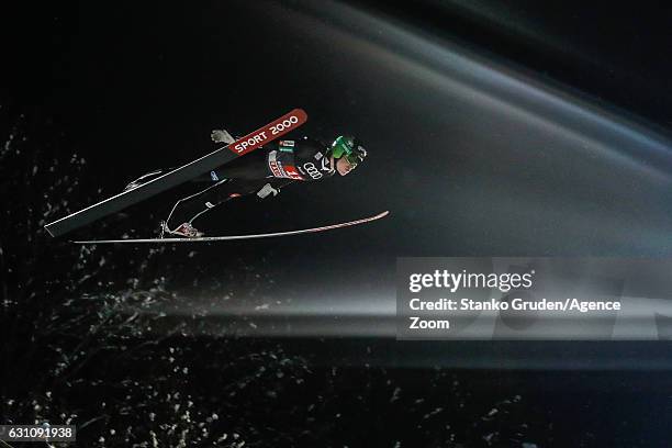 Jurij Tepes of Slovenia in action during the FIS Nordic World Cup Four Hills Tournament on January 6, 2017 in Bischofshofen, Austria.