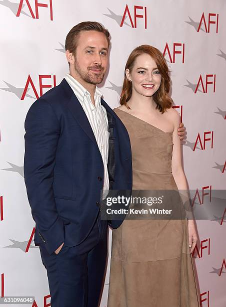 Actors Ryan Gosling and Emma Stone attend the 17th annual AFI Awards at Four Seasons Los Angeles at Beverly Hills on January 6, 2017 in Los Angeles,...