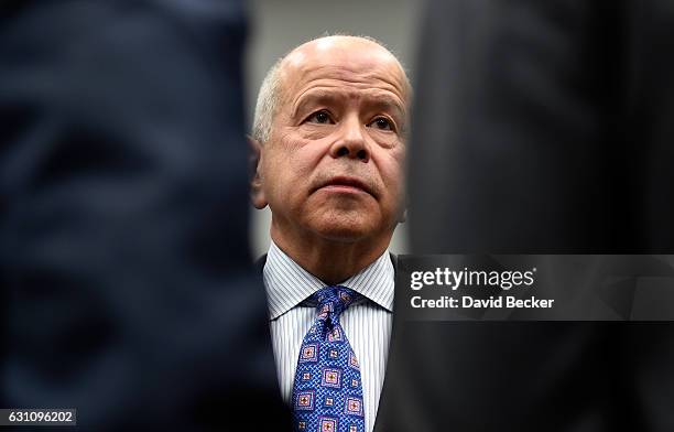 Administrator Michael Huerta confers with his staff before speaking at a news conference at CES 2017 at the Las Vegas Convention Center on January 6,...