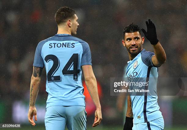 Sergio Aguero of Manchester City celebrates after scoring his sides fourth goal during The Emirates FA Cup Third Round match between West Ham United...