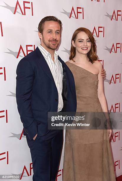 Actors Ryan Gosling and Emma Stone attend the 17th annual AFI Awards at Four Seasons Los Angeles at Beverly Hills on January 6, 2017 in Los Angeles,...