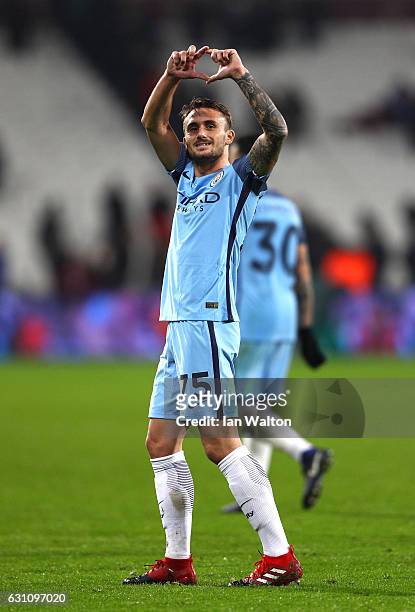 Aleix Garcia of Manchester City celebrates victory during The Emirates FA Cup Third Round match between West Ham United and Manchester City at London...