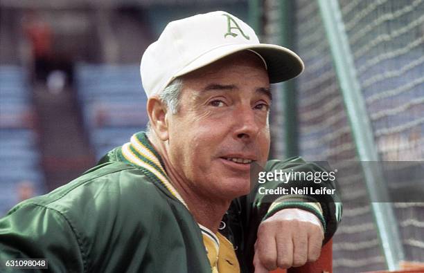 Closeup portrait of Oakland Athletics hitting coach Joe DiMaggio during batting practice before game vs Baltimore Orioles at Memorial Stadium....