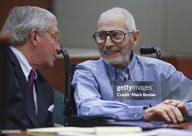 New York real estate scion Robert Durst has a lighter moment with his attorney Dick DeGuerin while appearing in the Los Angeles Superior Court...