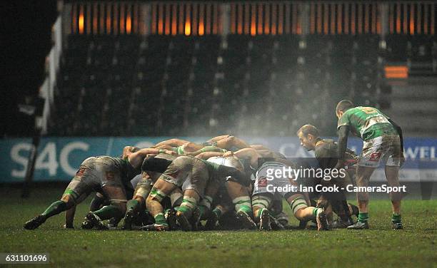 Newport Gwent Dragons' Sarel Pretorius places the ball into the scrum during the Guinness PRO12 Round 13 match between Newport Gwent Dragons and...