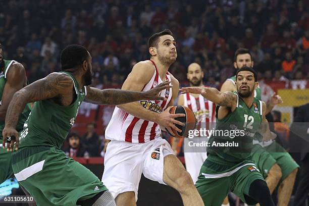 James Feldeine of Panathinaikos Superfoods in action against Ioannis Papapetrou during Turkish Airlines Euroleague 16th week game between Olympiacos...