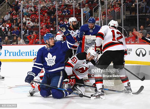 Auston Matthews of the Toronto Maple Leafs celebrates his powerplay goal at 14:40 of the first period against the New Jersey Devils at the Prudential...