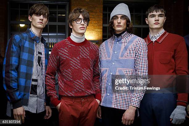 Models backstage ahead of the BEN SHERMAN showcase during London Fashion Week Men's January 2017 collections at The Vinyl Factory on January 6, 2017...