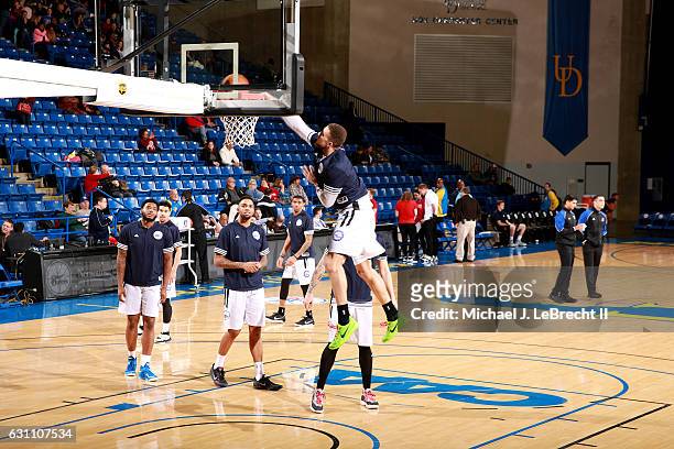 Brandon Triche of the Delaware 87ers warms up before the game against the Erie BayHawks on January 6, 2017 at the Bob Carpenter Center in Newark,...