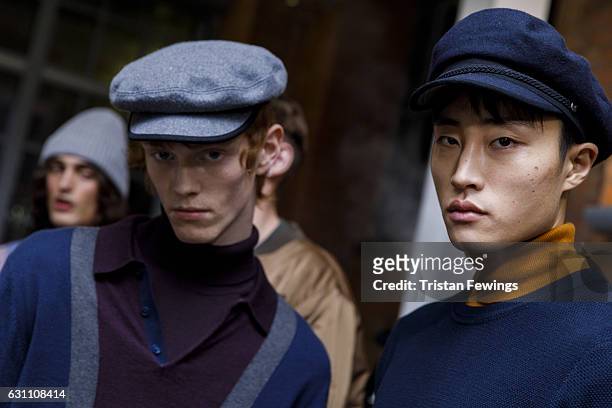 Models backstage ahead of the BEN SHERMAN showcase during London Fashion Week Men's January 2017 collections at The Vinyl Factory on January 6, 2017...