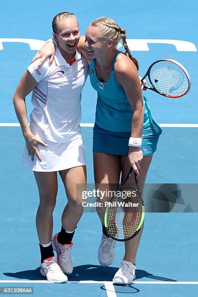 Kiki Bertens of the Netherlands and Johanna Larsson of Sweden celebrate winning the womens doubles final against Demi Schuurs of the Netherlands and...