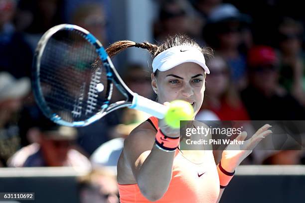 Ana Konjuh of Croatia plays a return during the womens singles final between Lauren Davis of the USA and Ana Konjuh of Croatia on Day 6 of the ASB...