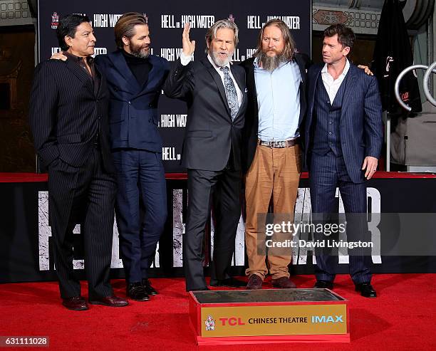 Actors Gil Birmingham, Chris Pine and Jeff Bridges, director David Mackenzie and writer Taylor Sheridan attend the Jeff Bridges Hand and Footprint...