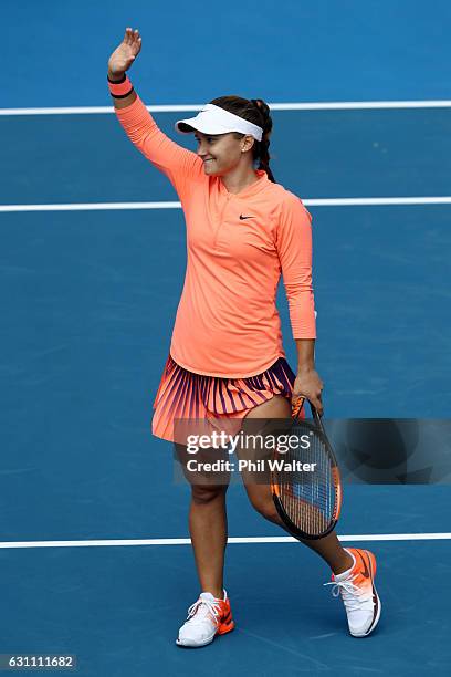 Lauren Davis of the USA celebrates winning the womens singles final over Ana Konjuh of Croatia on Day 6 of the ASB Classic at the ASB Tennis Arena on...