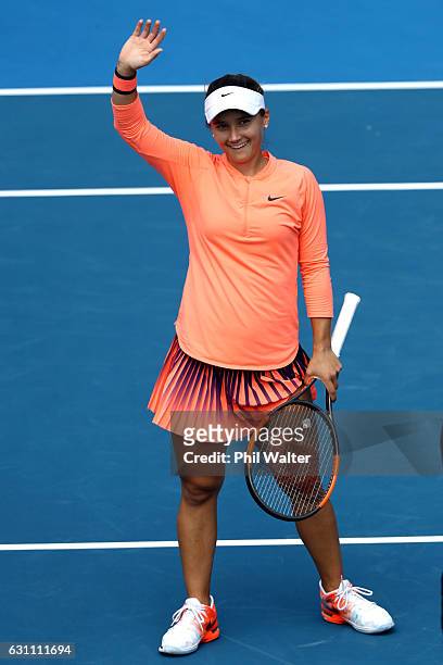Lauren Davis of the USA celebrates winning the womens singles final over Ana Konjuh of Croatia on Day 6 of the ASB Classic at the ASB Tennis Arena on...