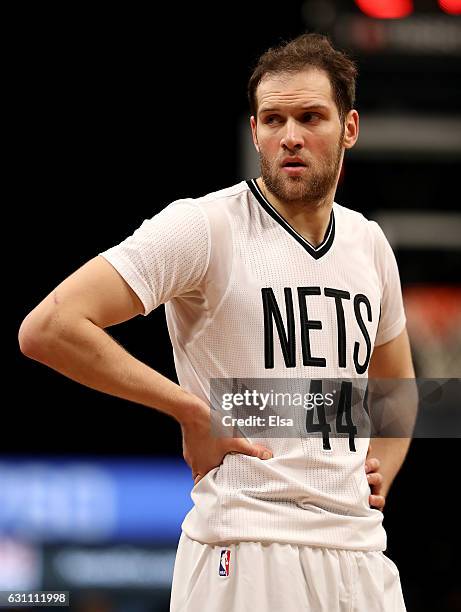 Bojan Bogdanovic of the Brooklyn Nets reacts to the loss to the Cleveland Cavaliers at the Barclays Center on January 6, 2017 in the Brooklyn borough...