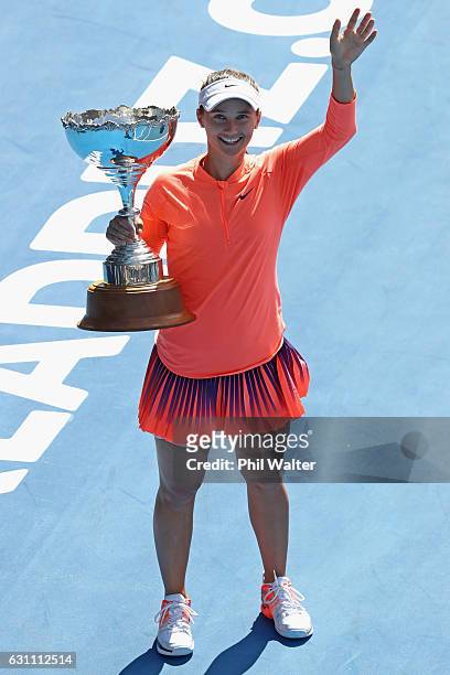 Lauren Davis of the USA holds the trophy after winning the womens singles final over Ana Konjuh of Croatia on Day 6 of the ASB Classic at the ASB...