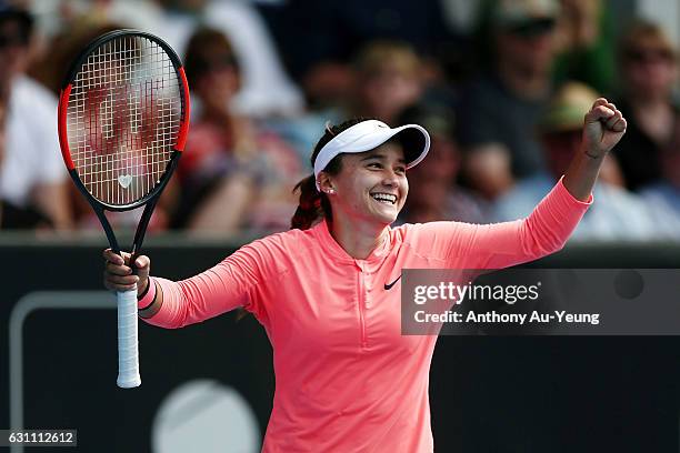 Lauren Davis of USA celebrates winning her final match against Ana Konjuh of Croatia on day six of the ASB Classic on January 7, 2017 in Auckland,...