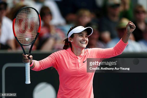 Lauren Davis of USA celebrates winning her final match against Ana Konjuh of Croatia on day six of the ASB Classic on January 7, 2017 in Auckland,...