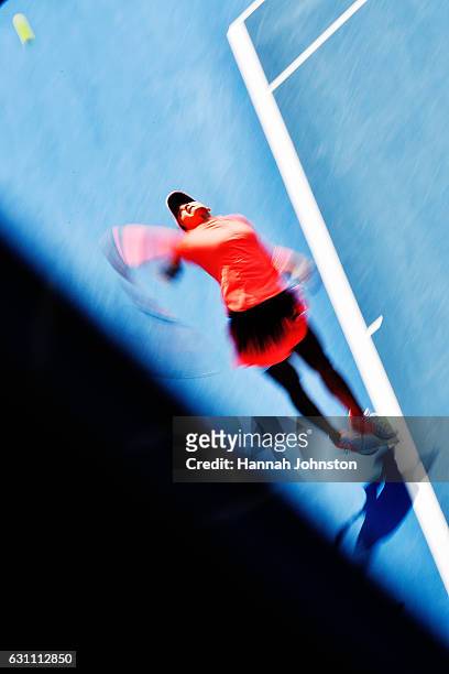 Lauren Davis of the USA serves during the womens singles final against Ana Konjuh of Croatia during day six of the ASB Classic on January 7, 2017 in...