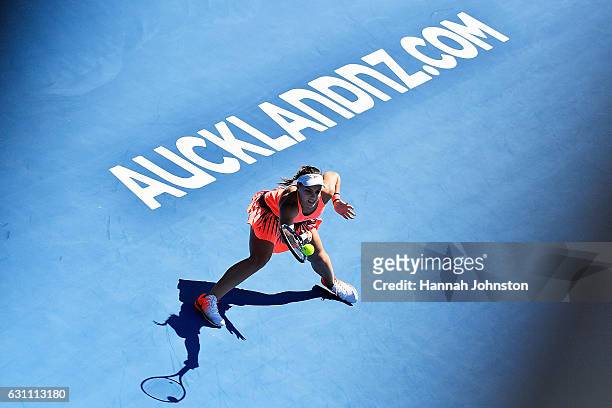 Ana Konjuh of Croatia plays a forehand during the womens singles final against Lauren Davis of the USA during day six of the ASB Classic on January...