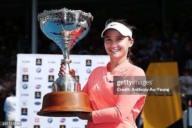 Lauren Davis of USA poses with the trophy after winning her final match against Ana Konjuh of Croatia on day six of the ASB Classic on January 7,...