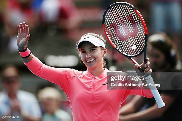 Lauren Davis of USA celebrates after winning her final match against Ana Konjuh of Croatia on day six of the ASB Classic on January 7, 2017 in...