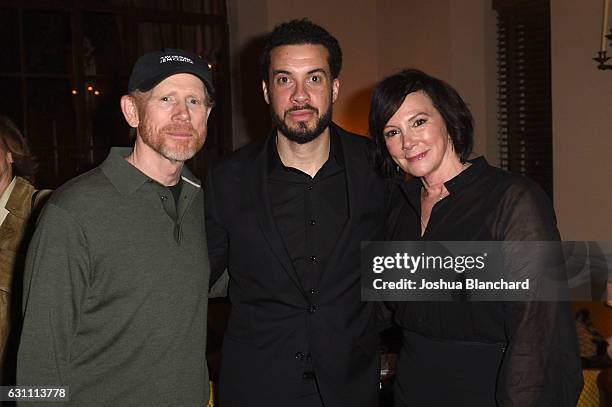 Ron Howard, Ezra Edelman and Marcia Clark attend the cocktail reception to celebrate "OJ: MADE IN AMERICA" at Chateau Marmont on January 6, 2017 in...