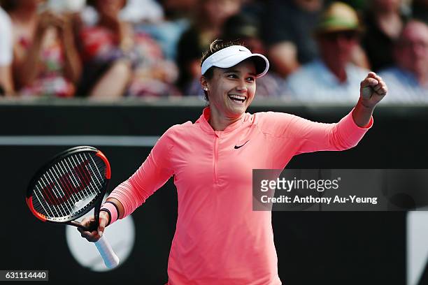 Lauren Davis of USA celebrates after winning her final match against Ana Konjuh of Croatia on day six of the ASB Classic on January 7, 2017 in...