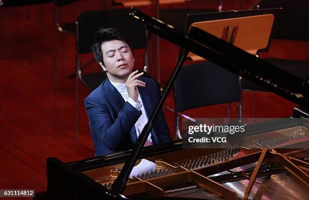 Pianist Lang Lang performs during his New Year's concert at Tianjin Concert Hall on January 6, 2017 in Tianjin, China.