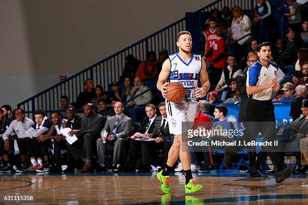 Brandon Triche of the Delaware 87ers brings the ball up court during the game against the Erie BayHawks on January 6, 2017 at the Bob Carpenter...