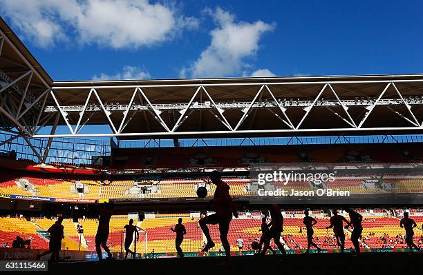 Roar players warm up during the round 14 A-League match between the Brisbane Roar and the Newcastle Jets at Suncorp Stadium on January 7, 2017 in...