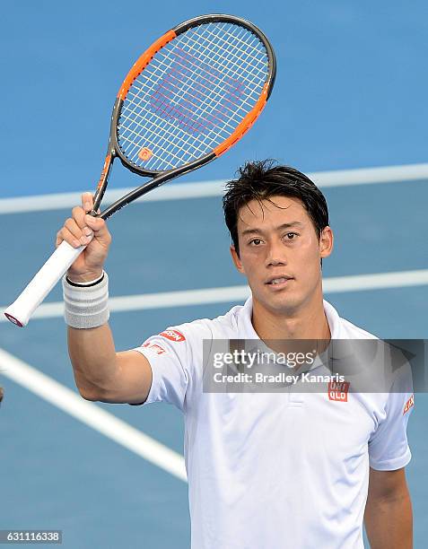 Kei Nishikori of Japan celebrates victory against Stan Wawrinka of Switzerland after their semi final match on day seven of the 2017 Brisbane...