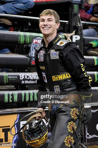 Jess Lockwood smiles after his ride during the 2017 Professional Bull Riders Monster Energy Buck Off at the Garden at Madison Square Garden on...