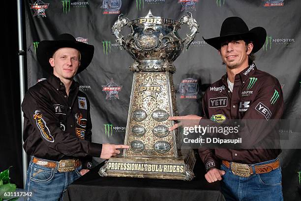 Cooper Davis and J.B. Mauney attend the 2017 Professional Bull Riders Monster Energy Buck Off at the Garden at Madison Square Garden on January 6,...