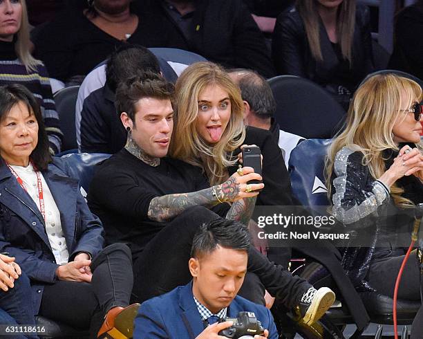 Fedez and Chiara Ferragni attend a basketball game between the Miami Heat and the Los Angeles Lakers at Staples Center on January 6, 2017 in Los...
