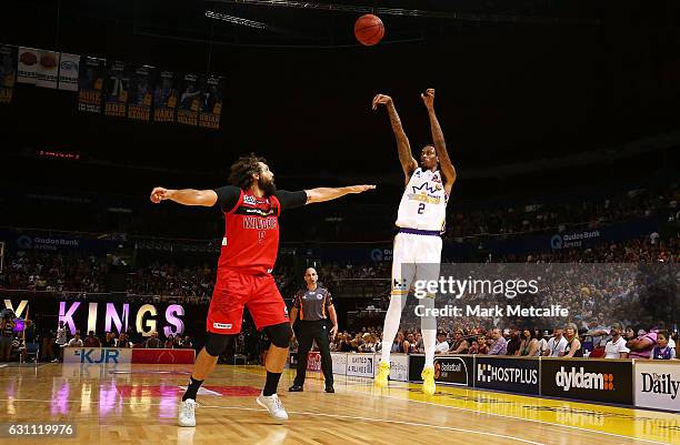Greg Whittington of the Kings shoots during the round 14 NBL match between the Sydney Kings and the Perth Wildcats at Qudos Bank Arena on January 7,...