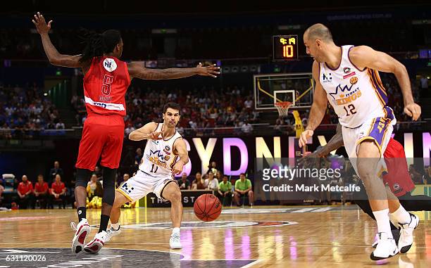 Kevin Lisch of the Kings passes to Aleks Maric of the Kings during the round 14 NBL match between the Sydney Kings and the Perth Wildcats at Qudos...